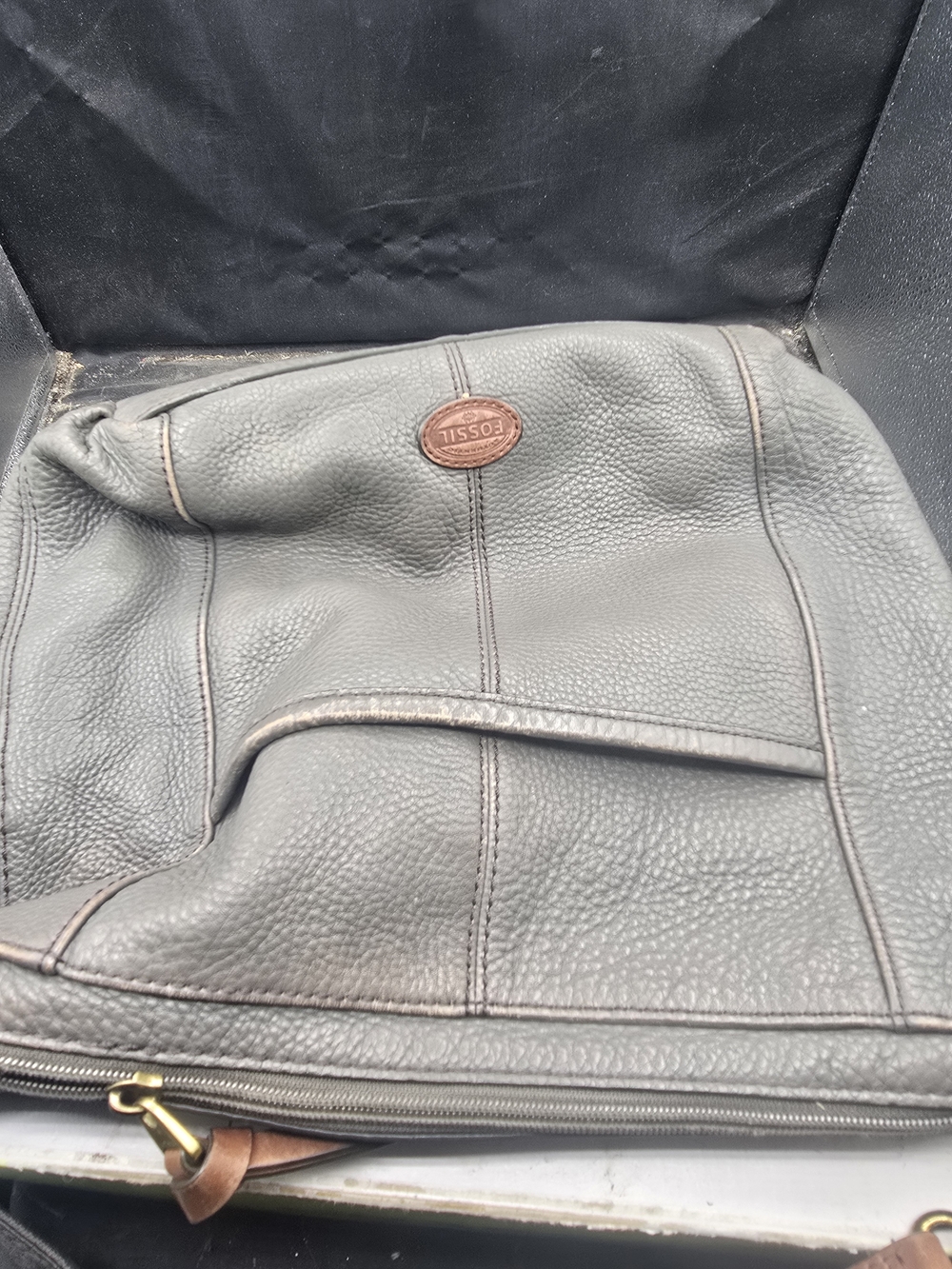 Fossil Gray Pebbled Leather Crossbody Bag with Brown Trim